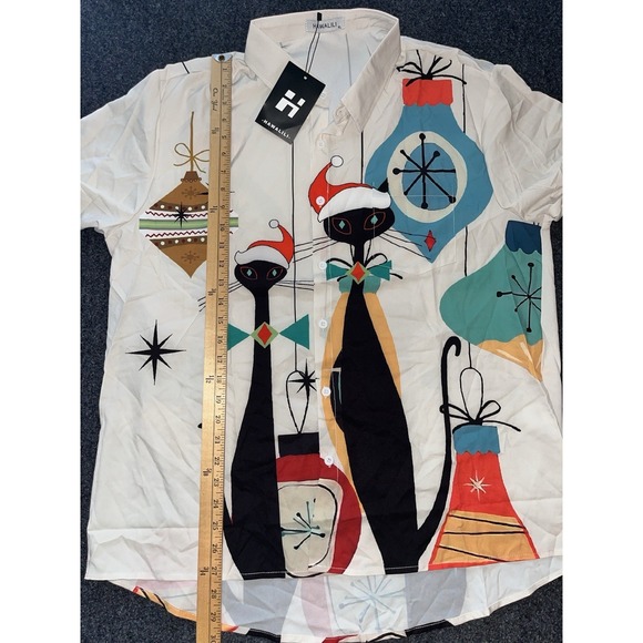 New Hawalili Retro Christmas Cats Short Sleeve Button Up Polyester Shirt Mens XL - Picture 6 of 6